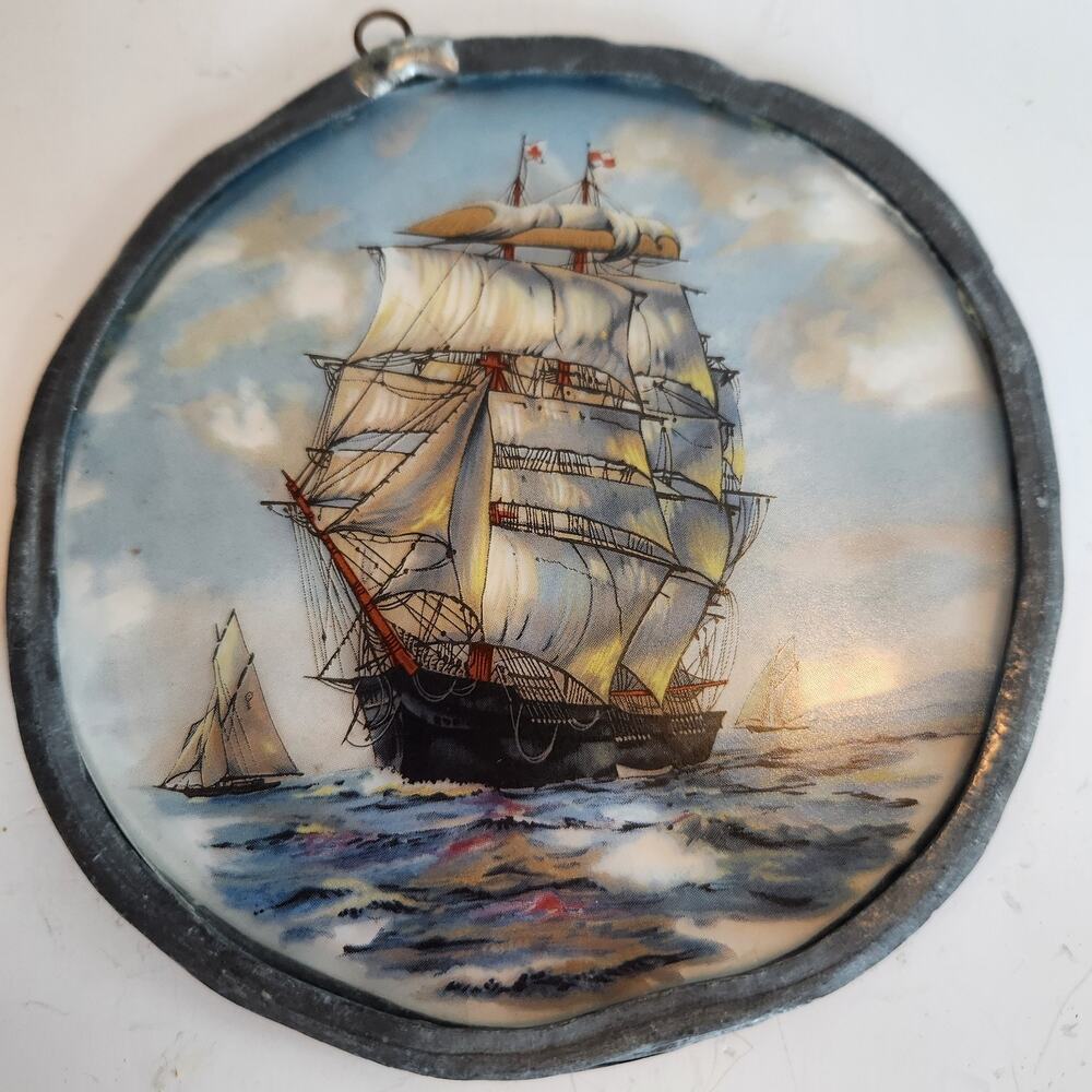 Antique 1910 Reverse Painted Glass Galleon Ship Scene Edwardian Wall Decor